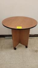 WOOD TABLE 36" ROUND, 31" TALL WITH WHEELS