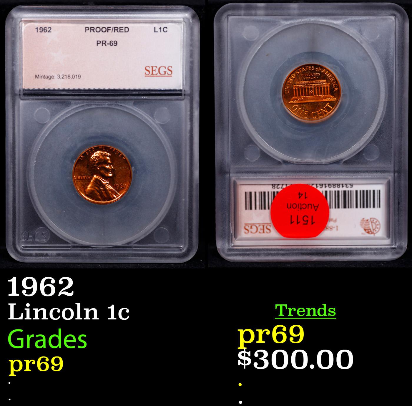 Proof 1962 Lincoln Cent 1c Graded pr69 By SEGS