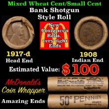 Lincoln Wheat Cent 1c Mixed Roll Orig Brandt McDonalds Wrapper, 1917-d end, 1908 Indian other end