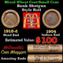 Lincoln Wheat Cent 1c Mixed Roll Orig Brandt McDonalds Wrapper, 1918-d end, 1904 Indian other end
