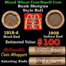 Lincoln Wheat Cent 1c Mixed Roll Orig Brandt McDonalds Wrapper, 1918-d end, 1902 Indian other end