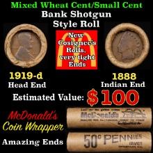 Lincoln Wheat Cent 1c Mixed Roll Orig Brandt McDonalds Wrapper, 1919-d end, 1888 Indian other end