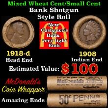 Lincoln Wheat Cent 1c Mixed Roll Orig Brandt McDonalds Wrapper, 1918-d end, 1908 Indian other end