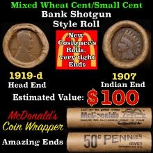 Lincoln Wheat Cent 1c Mixed Roll Orig Brandt McDonalds Wrapper, 1919-d end, 1907 Indian other end