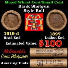 Lincoln Wheat Cent 1c Mixed Roll Orig Brandt McDonalds Wrapper, 1919-d end, 1897 Indian other end