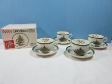 Set of 8 Spode China Christmas Tree Green Trim 4 Teacups & Saucers- NIB