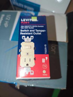 Box Lot of Assorted Items Including Leviton Decora 15 Amp 3-Way Switch, Leviton 15 Amp