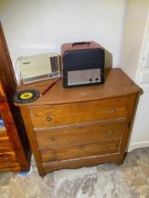 Small antique cabinet, radio, record player, records