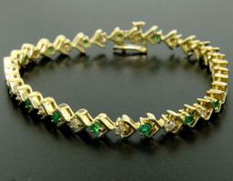 14k Yellow Gold 1.87 ctw Round Brilliant Diamond & Emerald Line Tennis Bracelet