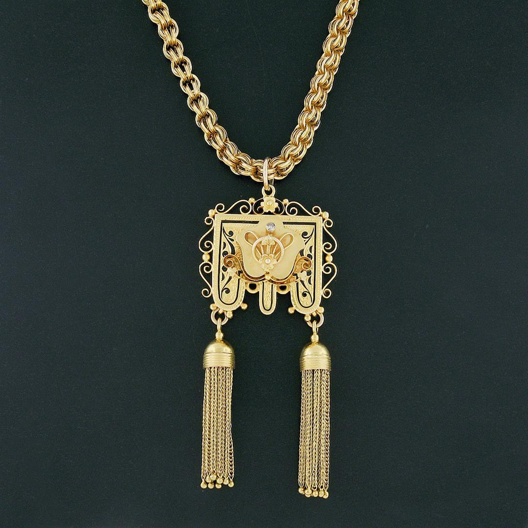 Vintage Victorian Revival 14K Gold Hand Engraved Diamond Tassel Pendant Necklace