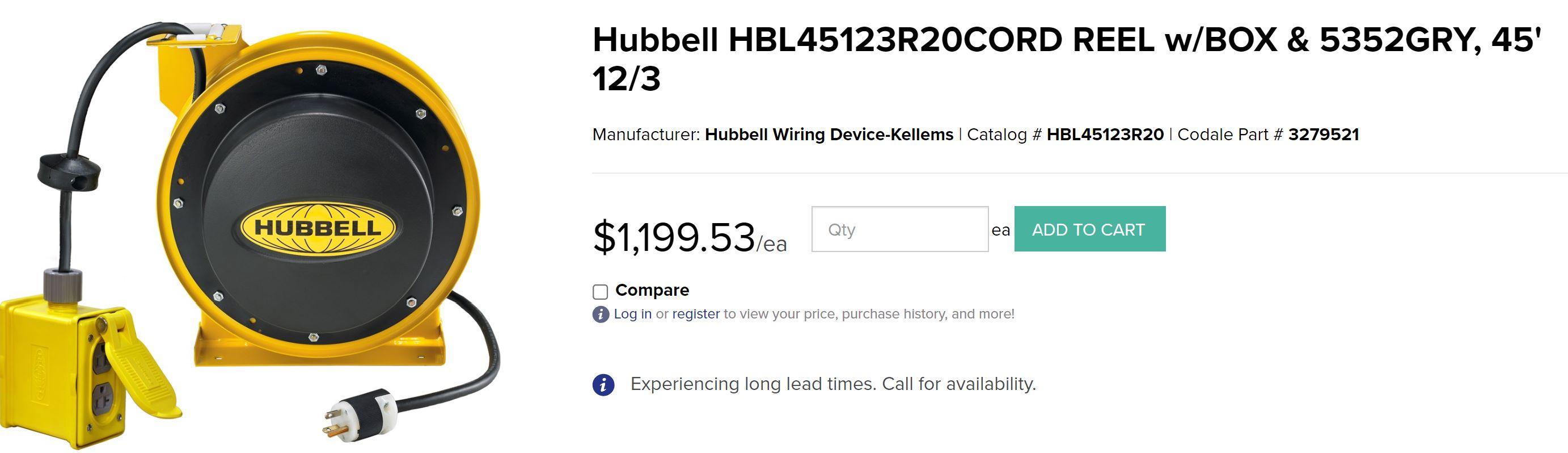 HUBBBELL INDUSTRIAL CORD REEL W/ 45' 12 AWG/3C 20AMP 125V MODEL # HBL45123R20