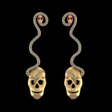 0.75 Ctw VS/SI1 Ruby and Diamond 14K Yellow Gold Skull Earrings (ALL DIAMOND ARE LAB GROWN )