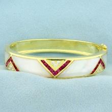 Ruby, Mother Of Pearl And Diamond Bangle Bracelet In 18k Yellow Gold