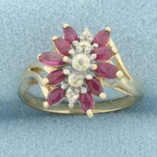 Ruby And Diamond Waterfall Ring In 10k Yellow Gold
