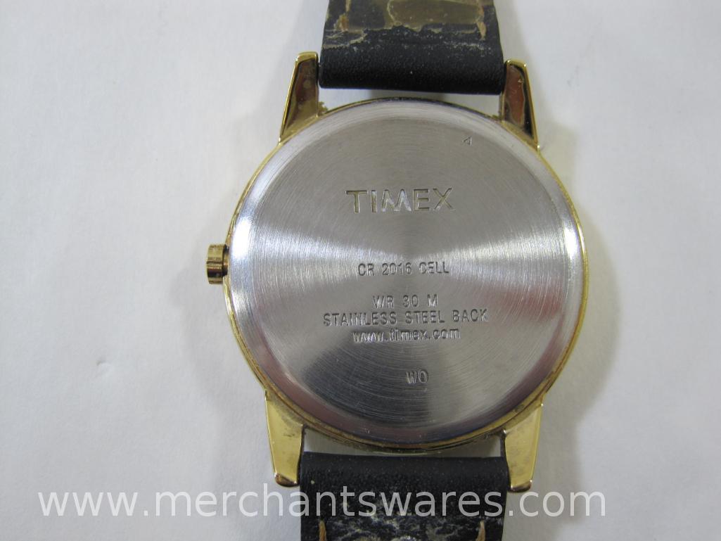 Three Wrist Watches includes 2 Timex, IndigloWR 30M and Water Resistant Calendar, Unmarked Calendar
