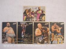 Five Action Packed Wrestling Trading Cards including Andre the Giant, Macho Man Randy Savage and
