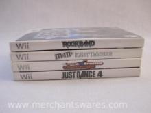 Four Nintendo Wii Games including Rockband, M&Ms Kart Racing, Active Life Extreme Challenge, and