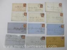 Twelve 1850's Stamped Envelopes with US Scott #10, and a #10 Type 1 1851 3c Washington Stamps
