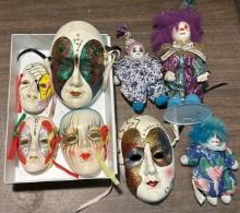 5 Hand Painted Porcelain Masks and 3 Mini Clown Dolls