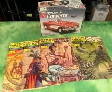 Four 1940's Classics Illustrated Magazines and Sealed Corvette Model
