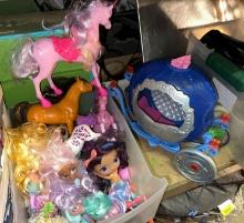 Bin of Toy Horse, Carriage, Dolls, LOL Dolls and accessories