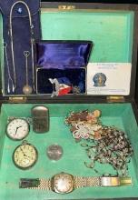 VTG wood lockbox w/ Camel Lighter, pocket watch, eagle scout badge, 1983 Olympics coin etc