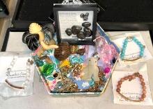 Lot of Jewelry- Gemstones, New Bracelets, Carved Gemstone Cat, Glass Beads & more