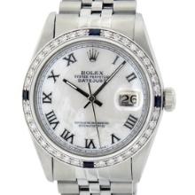 Rolex Mens Stainless Steel White Roman Sapphire and Diamond Datejust Wristwatch