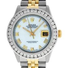 Rolex Mens Two Tone White Roman Diamond Datejust Wristwatch