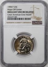 1998-P Washington Quarter Coin Error Major Off Center NGC Brilliant Uncirculated