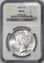 1924 $1 Peace Silver Dollar Coin NGC MS64