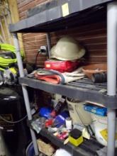 5-Tier Plastic Shelving Unit w/Contents- Toilet Snake, Rope Lights, Tarp, G