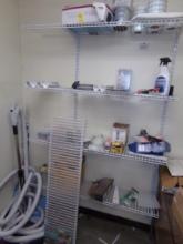 White Track Shelving 4 Shelves With Contents Including Vac Hoses on Floor (