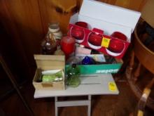 Small Folding Table and Box of Red, Green and Depression Glass and Some Can