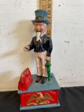 Vintage Heavy Cast Iron Uncle Sam Mechanical Coin Bank ~11" Tall