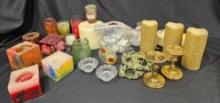 CANDLES GALORE grouping including brass holders, battery operated