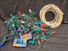 (4) STRINGS MULTI CERAMIC BULB HOLIDAY LIGHTS, 2 HEFTY EXTENSION CORD,BOXED BULBS