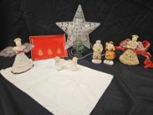VINTAGE CHRISTMAS - TREE TOPPER, Japan CERAMIC CANDLE HUGGERS, LACQUERWARE TRAY,LINEN