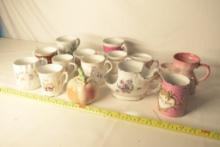 15 Ceramic Pieces, Antique Japanese Coin Bank, 5 Shaving Cups, 9 Mugs