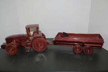 Wells Fargo stagecoach metal bank, wood model tractor and manure spreader made in Viet Nam