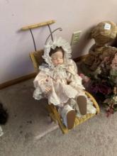 Wicker Doll Baby Stroller with Porcelain Doll...
