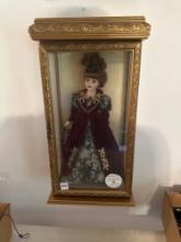 16" Porcelian Doll in glass case with Swarovski Necklace and Earrings