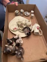 Miniature resin Sunflower tea set, china tea set, porcelain cats, etc.