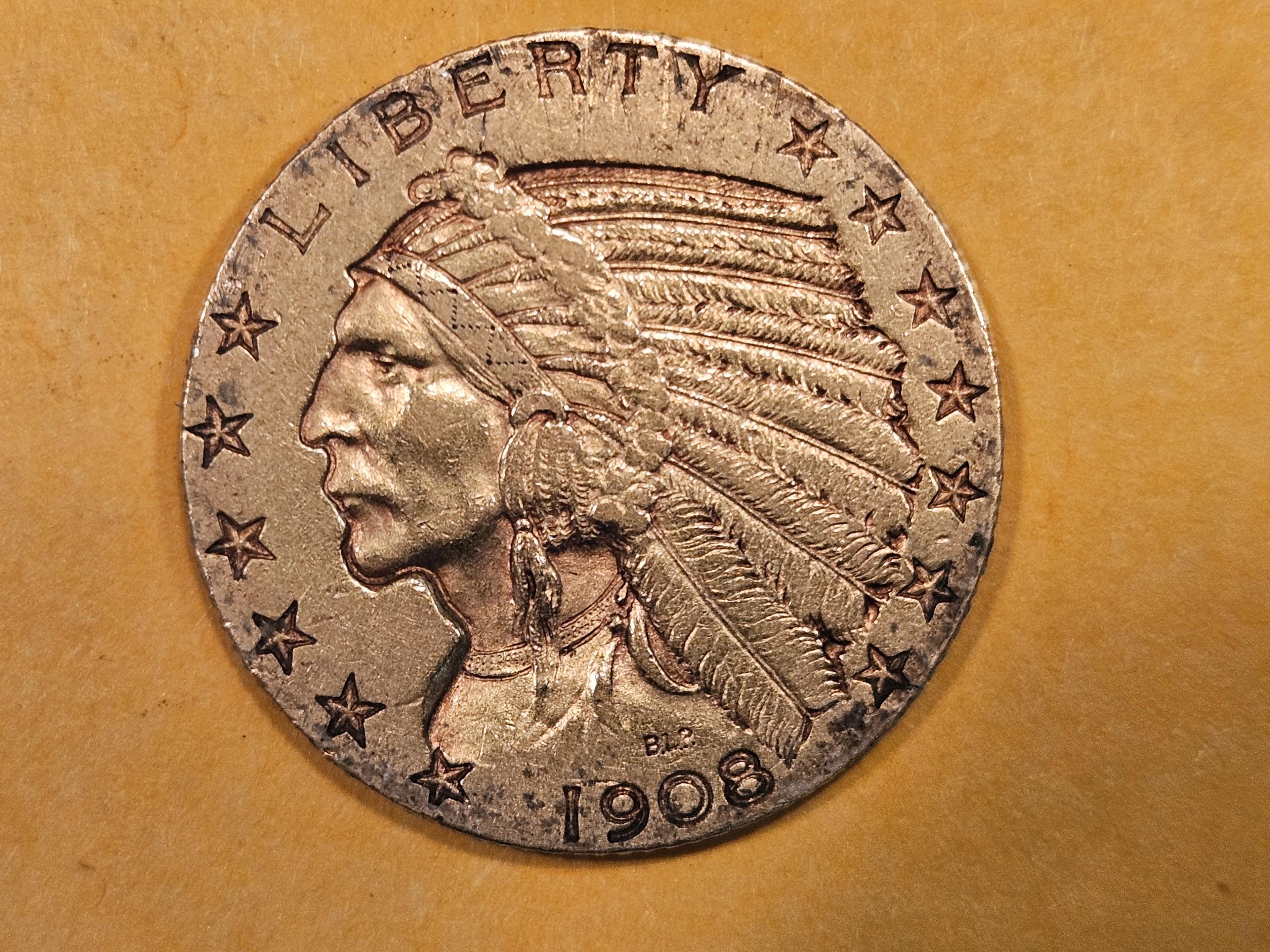 GOLD! 1908 Gold Five Dollar Indian in About Uncirculated