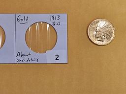 GOLD! Brilliant About Uncirculated - details 1913 Indian Gold Ten Dollars