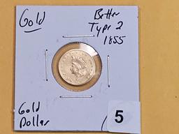 GOLD! Better Date 1855 Type 2 Indian Gold Dollar