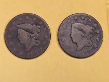 Two Better 1820 and 1822 Coronet Head Large Cents