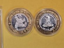 Two Ten Dollar .999 fine silver proof Casino Gaming Tokens