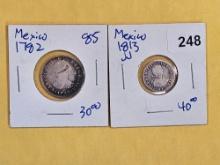 Two silver Mexican coins from 1782 and 1813