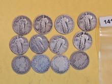 Twelve silver Barber and Standing Liberty Quarters
